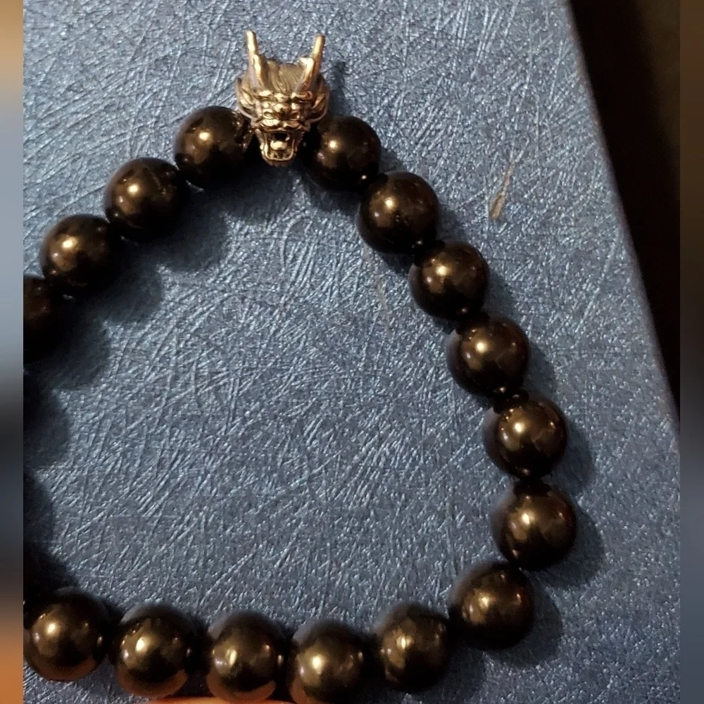 Elite Shungite Beaded Stretch Bracelet With Silver Dragon Head Charm